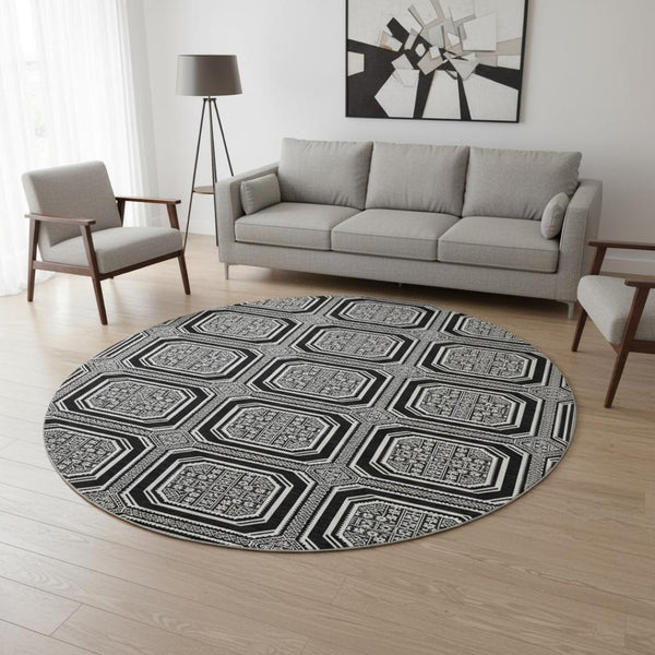 HomeRoots 8' X 8' Stylish Black, Ivory & Gray Geometric Washable Round Rug with UV Protection for Homes 693771
