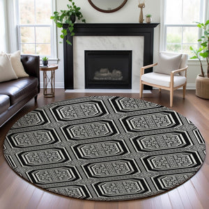 HomeRoots 8' X 8' Stylish Black, Ivory & Gray Geometric Washable Round Rug with UV Protection for Homes 693771
