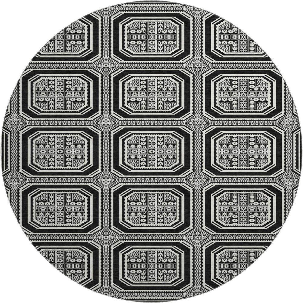 HomeRoots 8' X 8' Stylish Black, Ivory & Gray Geometric Washable Round Rug with UV Protection for Homes 693771