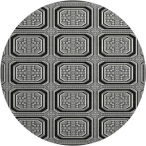 HomeRoots 8' X 8' Stylish Black, Ivory & Gray Geometric Washable Round Rug with UV Protection for Homes 693771