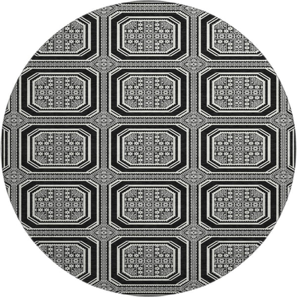 HomeRoots 8' X 8' Stylish Black, Ivory & Gray Geometric Washable Round Rug with UV Protection for Homes 693771