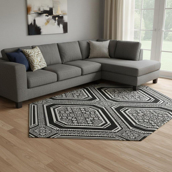 HomeRoots 8' Modern Black Ivory Gray Geometric Area Rug – Washable, UV-Protected, Stain-Resistant Design! 693772
