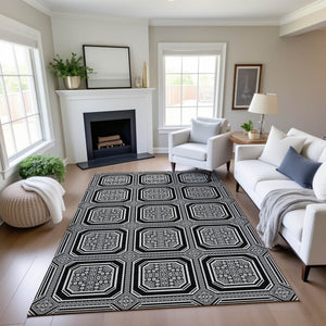 HomeRoots 8' Modern Black Ivory Gray Geometric Area Rug – Washable, UV-Protected, Stain-Resistant Design! 693772