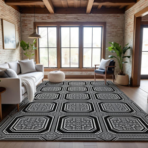 HomeRoots 8' Modern Black Ivory Gray Geometric Area Rug – Washable, UV-Protected, Stain-Resistant Design! 693772