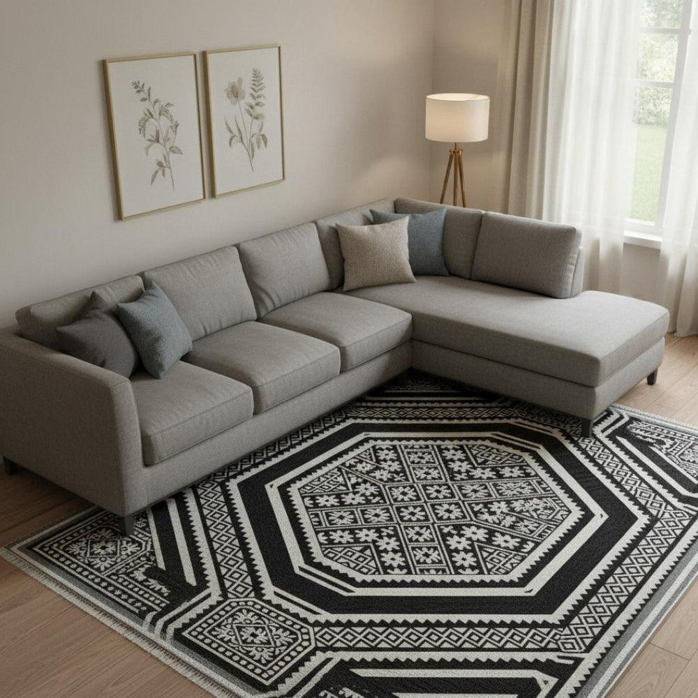 HomeRoots 9' X 12' Stylish Black, Ivory & Gray Geometric Washable Area Rug with UV Protection for Homes 693773