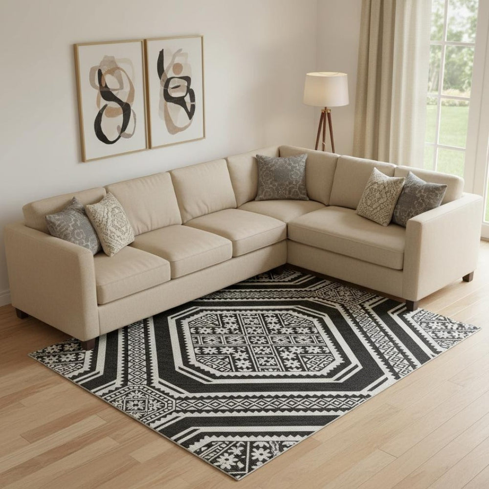HomeRoots 10' Geometric Washable Area Rug in Black, Ivory & Gray - UV Protected, Durable & Stylish Design 693774