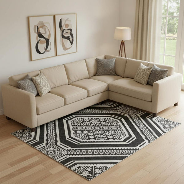 HomeRoots 10' Geometric Washable Area Rug in Black, Ivory & Gray - UV Protected, Durable & Stylish Design 693774