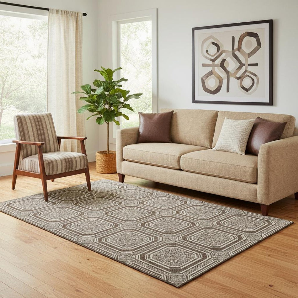 HomeRoots 5' X 8' Stylish Brown Beige Taupe Geometric Area Rug - Washable, UV-Protected, Non-Slip Backing 693776