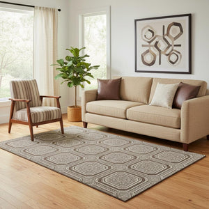 HomeRoots 5' X 8' Stylish Brown Beige Taupe Geometric Area Rug - Washable, UV-Protected, Non-Slip Backing 693776