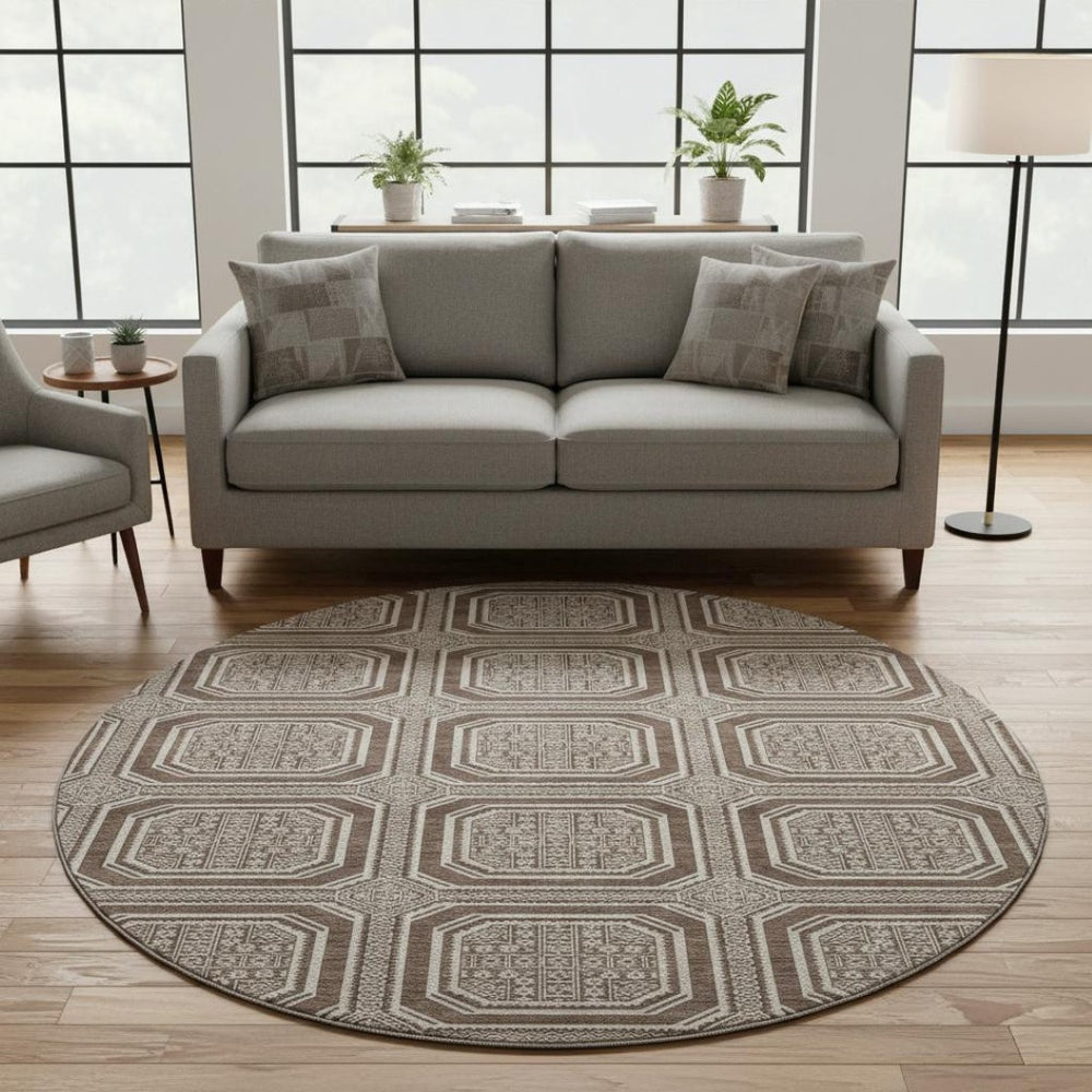 HomeRoots 8' Round Washable Rug in Brown, Beige & Taupe - Stylish Geometric Design with UV Protection & Durability 693777