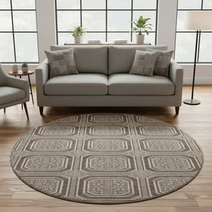 HomeRoots 8' Round Washable Rug in Brown, Beige & Taupe - Stylish Geometric Design with UV Protection & Durability 693777
