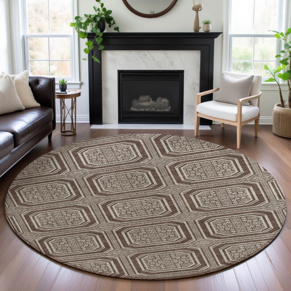 HomeRoots 8' Round Washable Rug in Brown, Beige & Taupe - Stylish Geometric Design with UV Protection & Durability 693777