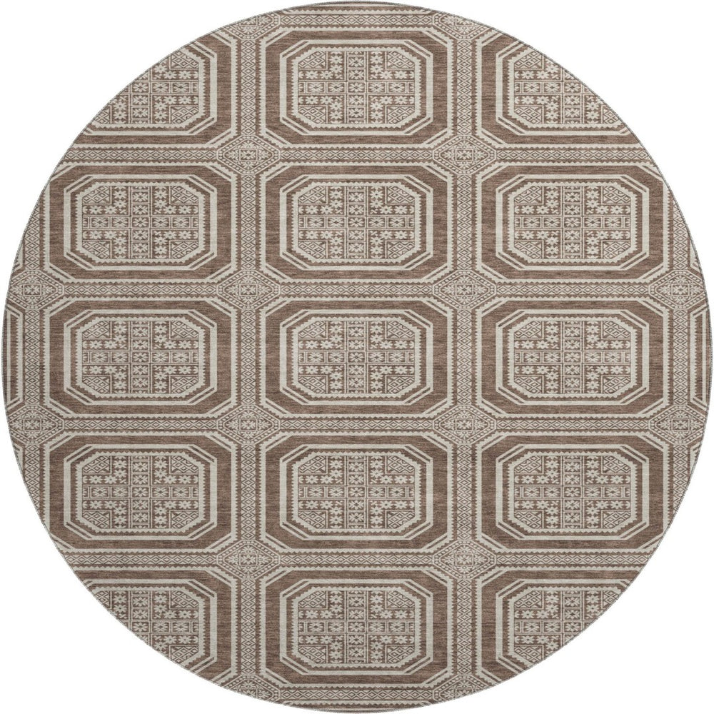 HomeRoots 8' Round Washable Rug in Brown, Beige & Taupe - Stylish Geometric Design with UV Protection & Durability 693777