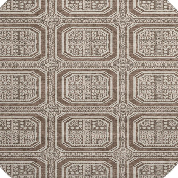 HomeRoots 8' Round Washable Rug in Brown, Beige & Taupe - Stylish Geometric Design with UV Protection & Durability 693777