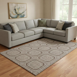 HomeRoots 8' Brown Beige Taupe Geometric Area Rug - Washable, UV-Protected, Stylish for High-Traffic Spaces 693778