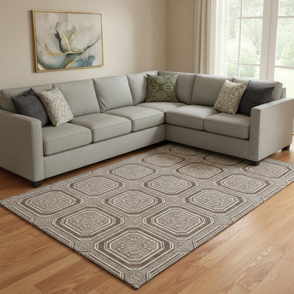 HomeRoots 8' Brown Beige Taupe Geometric Area Rug - Washable, UV-Protected, Stylish for High-Traffic Spaces 693778