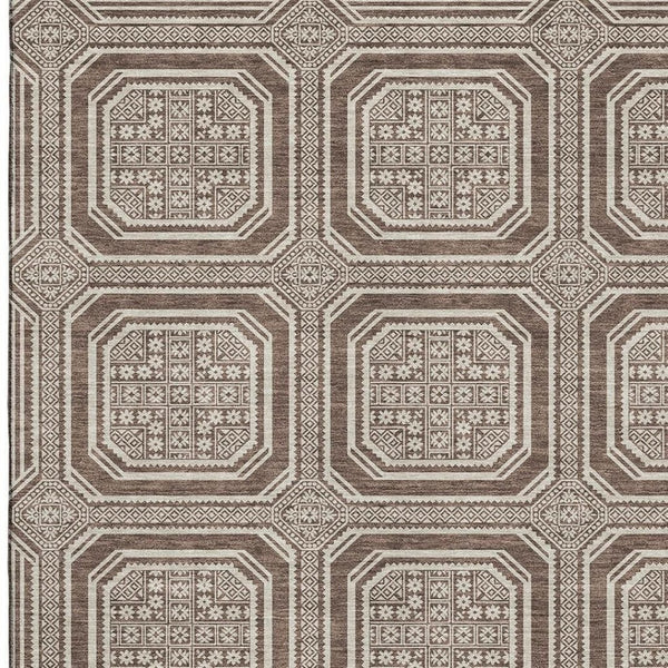 HomeRoots 8' Brown Beige Taupe Geometric Area Rug - Washable, UV-Protected, Stylish for High-Traffic Spaces 693778