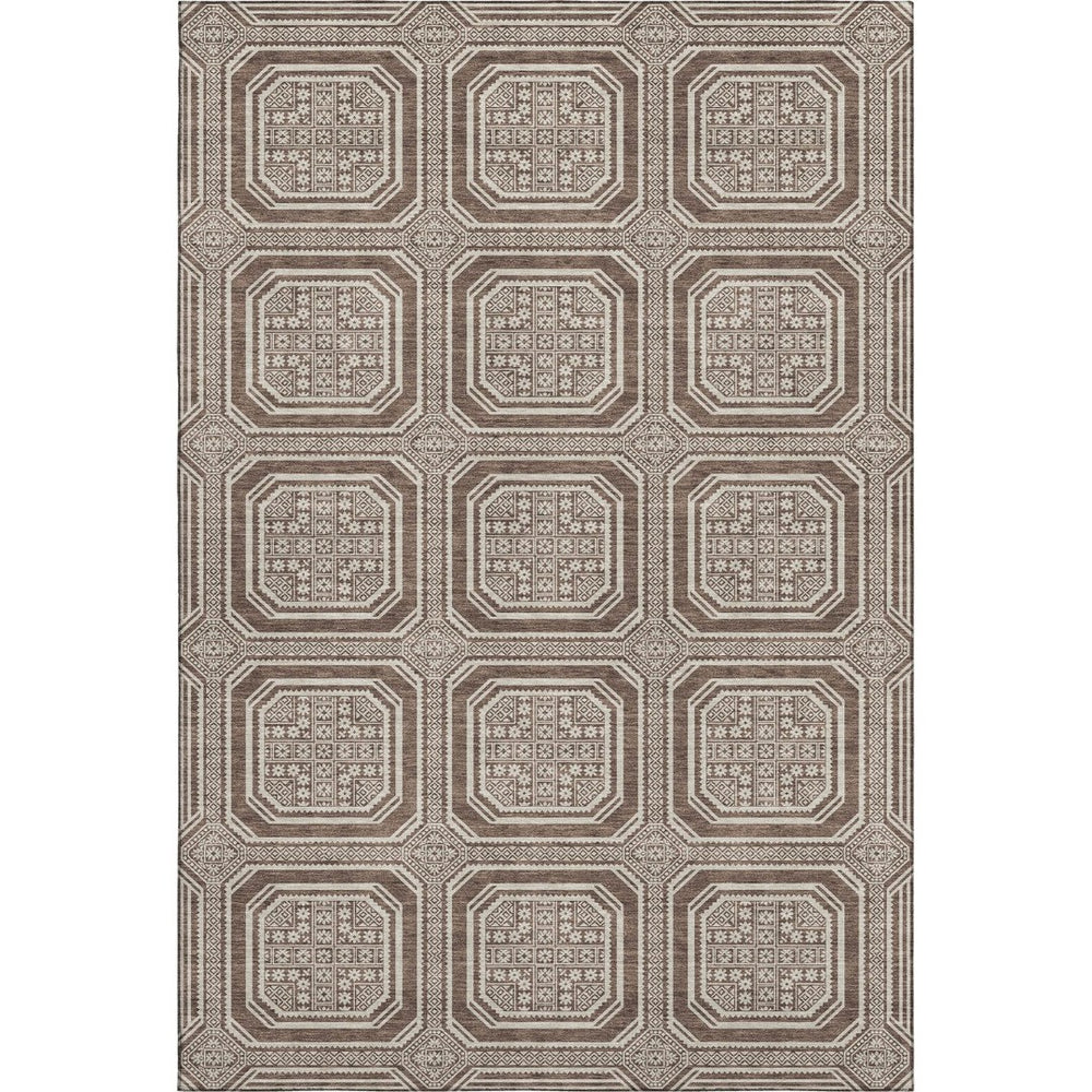 HomeRoots 9' X 12' Washable Geometric Area Rug in Brown, Beige & Taupe - UV Protected & Pet-Friendly Design 693779
