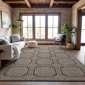 HomeRoots 9' X 12' Washable Geometric Area Rug in Brown, Beige & Taupe - UV Protected & Pet-Friendly Design 693779