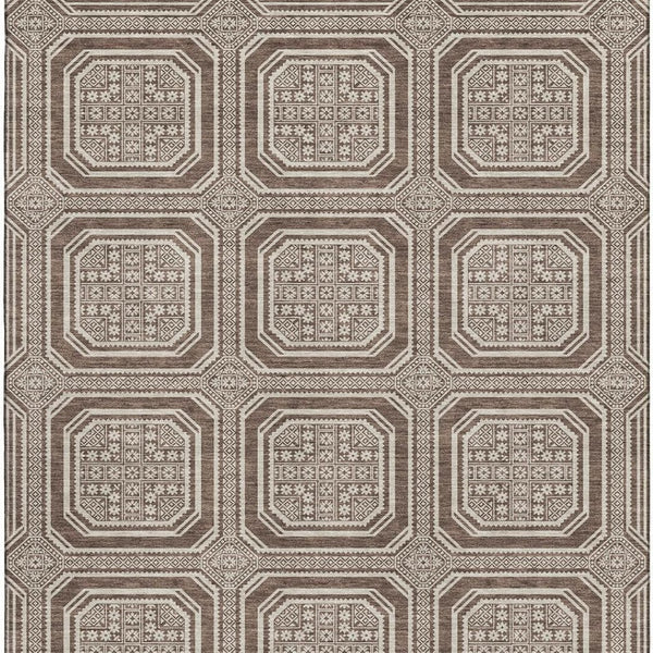 HomeRoots 9' X 12' Washable Geometric Area Rug in Brown, Beige & Taupe - UV Protected & Pet-Friendly Design 693779