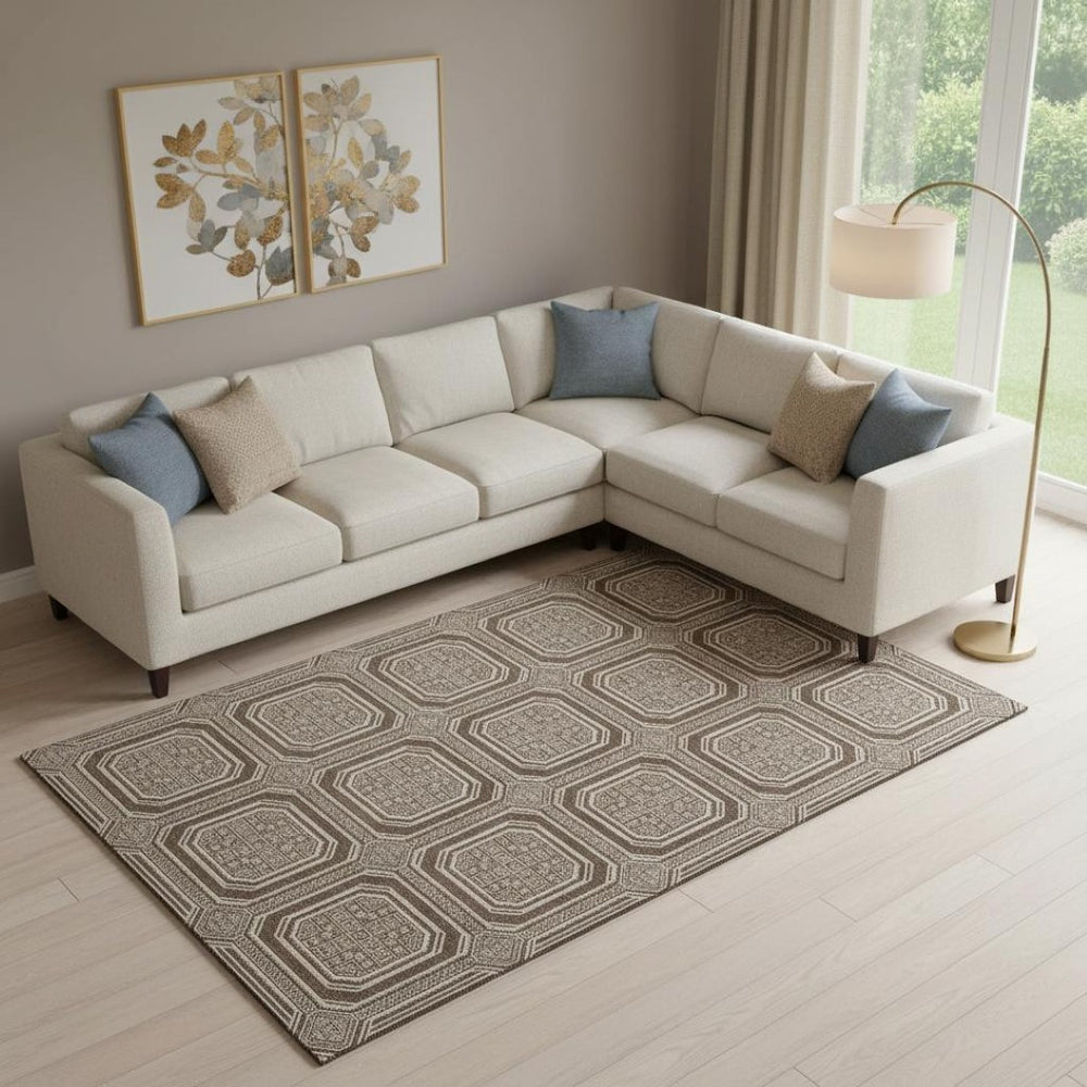 HomeRoots 10' Geometric Washable Area Rug in Brown, Beige & Taupe - UV Protected, Durable, Non-Slip Design! 693780