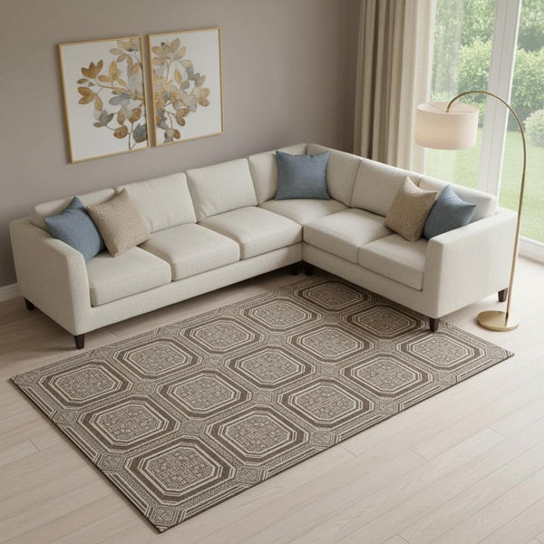 HomeRoots 10' Geometric Washable Area Rug in Brown, Beige & Taupe - UV Protected, Durable, Non-Slip Design! 693780