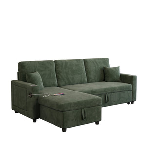 English Elm Sectional Sleeper Sofa Corduroy Cloud Couch with Storage Chaise and Usb Charging Ports Green W1825S00077