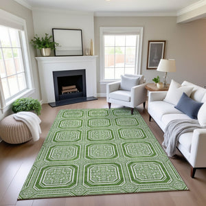 HomeRoots 5' X 8' Stylish Green & Ivory Geometric Washable Area Rug with Non-Slip Backing & UV Protection 693782
