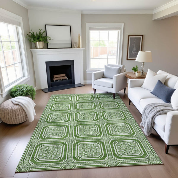 HomeRoots 5' X 8' Stylish Green & Ivory Geometric Washable Area Rug with Non-Slip Backing & UV Protection 693782