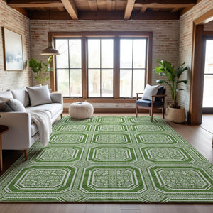 HomeRoots 5' X 8' Stylish Green & Ivory Geometric Washable Area Rug with Non-Slip Backing & UV Protection 693782