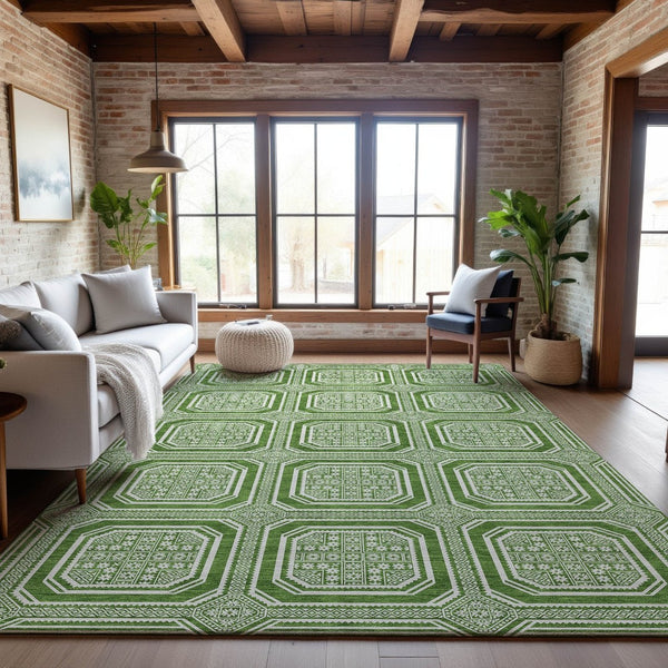 HomeRoots 5' X 8' Stylish Green & Ivory Geometric Washable Area Rug with Non-Slip Backing & UV Protection 693782