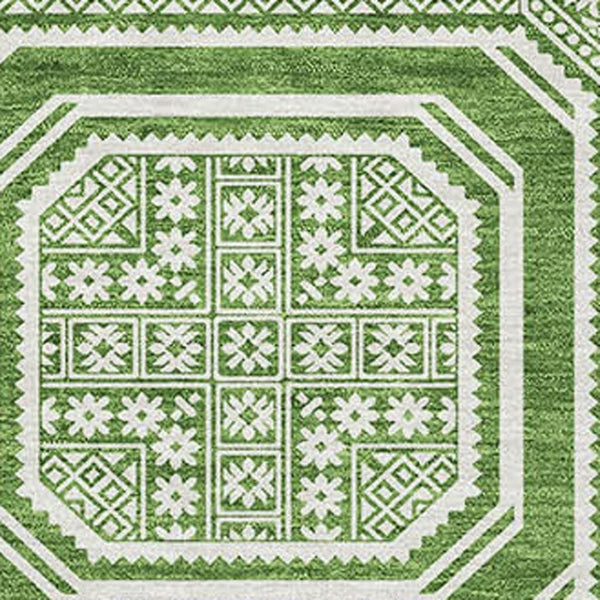 HomeRoots 5' X 8' Stylish Green & Ivory Geometric Washable Area Rug with Non-Slip Backing & UV Protection 693782