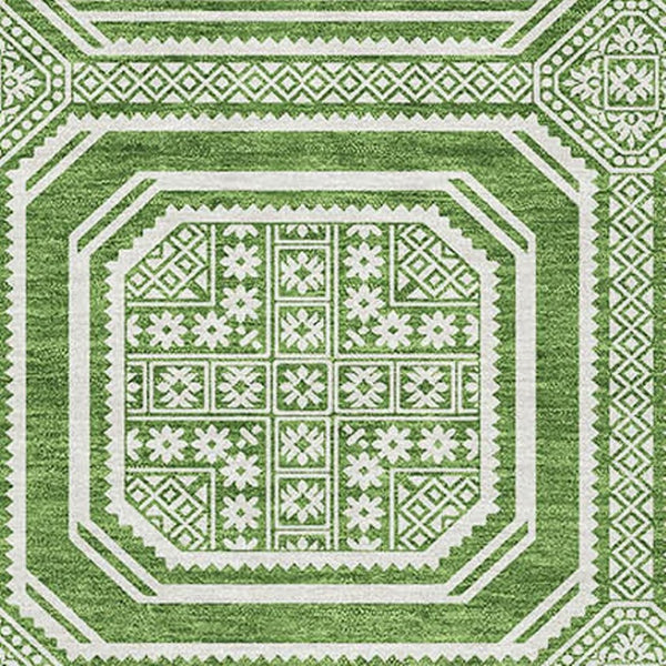 HomeRoots 5' X 8' Stylish Green & Ivory Geometric Washable Area Rug with Non-Slip Backing & UV Protection 693782