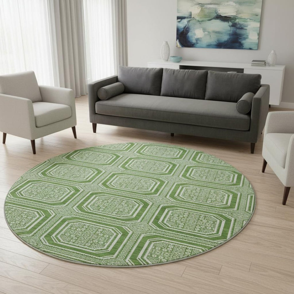 HomeRoots 8' x 8' Modern Green and Ivory Geometric Round Rug - Washable, UV Protected, and Stylishly Durable 693783