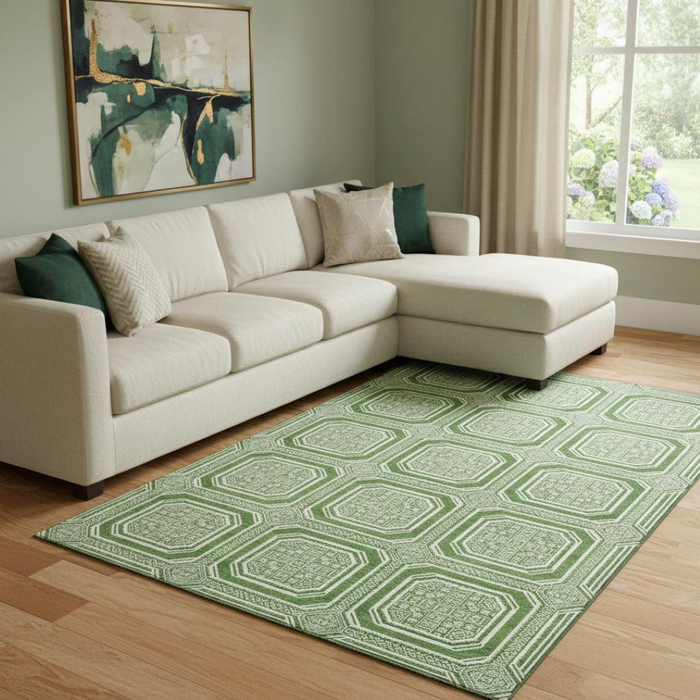 HomeRoots 8' Geometric Green and Ivory Washable Area Rug with UV Protection for High-Traffic Living Spaces 693784