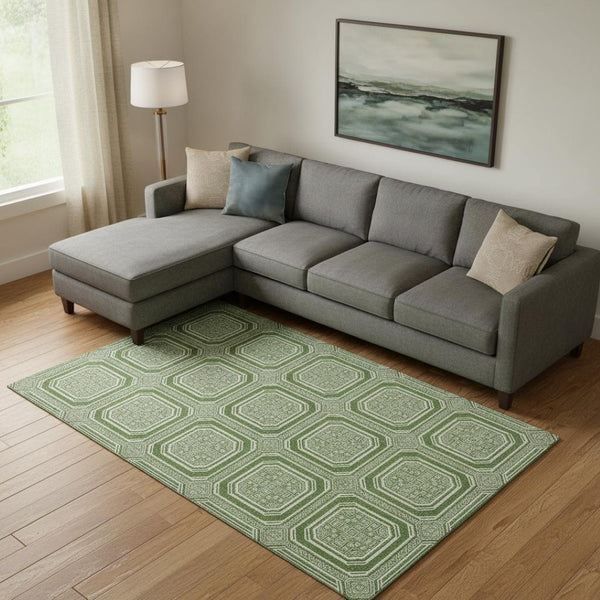 HomeRoots 9' X 12' Stylish Green Ivory Geometric Area Rug - Washable, UV Protected, Perfect for High-Traffic Spaces 693785