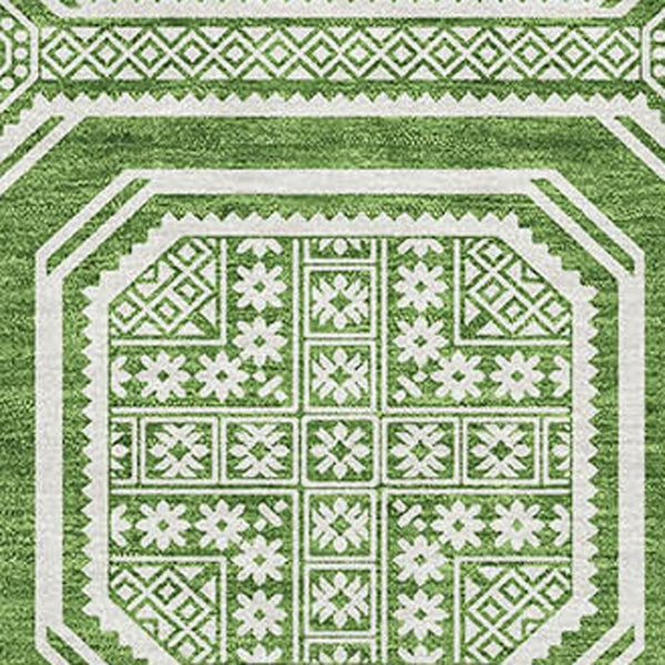 HomeRoots 10' X 14' Green And Ivory Geometric Washable Area Rug - Stylish, Durable, UV-Protected for High-Traffic Spaces 693786