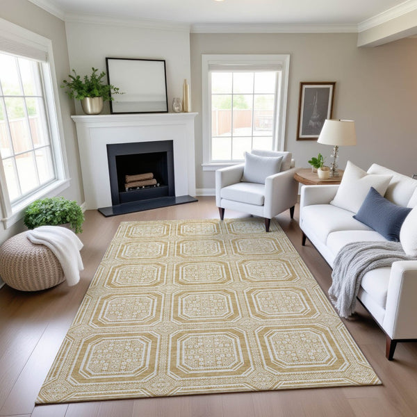 HomeRoots 5' X 8' Gold and Ivory Geometric Area Rug - Washable, UV Protected, Durable & Stylish Home Accent 693788