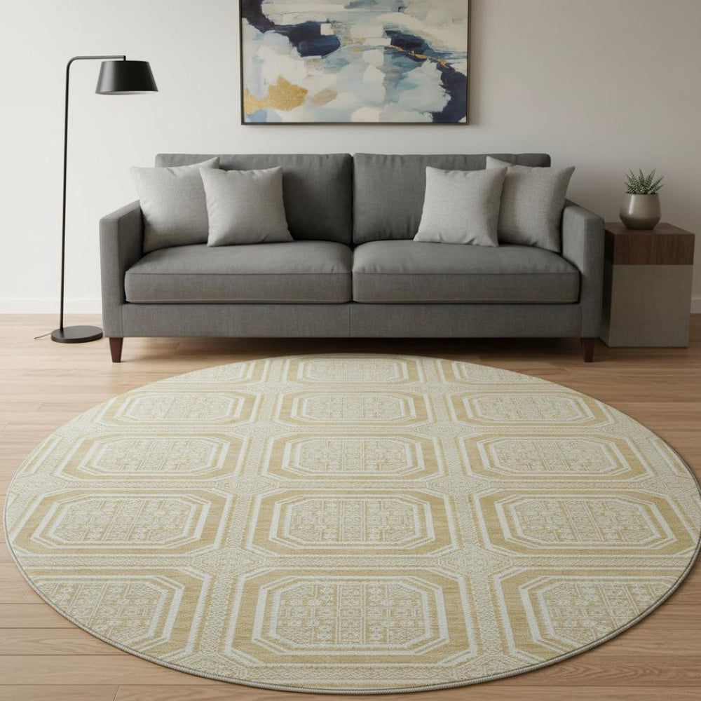 HomeRoots 8' X 8' Gold and Ivory Geometric Washable Round Rug - UV Protected, Durable, Easy-Care Design for Homes 693789