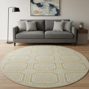 HomeRoots 8' X 8' Gold and Ivory Geometric Washable Round Rug - UV Protected, Durable, Easy-Care Design for Homes 693789