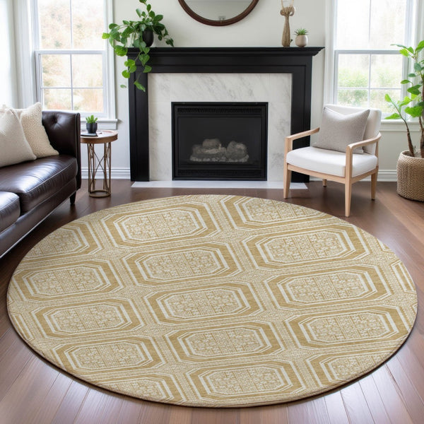 HomeRoots 8' X 8' Gold and Ivory Geometric Washable Round Rug - UV Protected, Durable, Easy-Care Design for Homes 693789