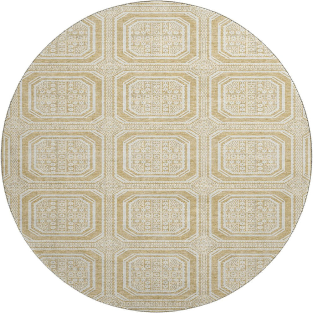 HomeRoots 8' X 8' Gold and Ivory Geometric Washable Round Rug - UV Protected, Durable, Easy-Care Design for Homes 693789