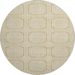 HomeRoots 8' X 8' Gold and Ivory Geometric Washable Round Rug - UV Protected, Durable, Easy-Care Design for Homes 693789