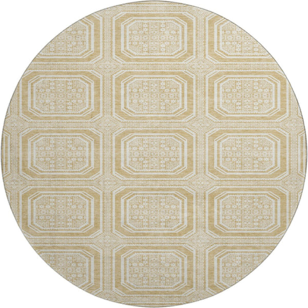 HomeRoots 8' X 8' Gold and Ivory Geometric Washable Round Rug - UV Protected, Durable, Easy-Care Design for Homes 693789