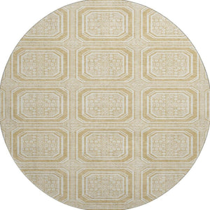 HomeRoots 8' X 8' Gold and Ivory Geometric Washable Round Rug - UV Protected, Durable, Easy-Care Design for Homes 693789