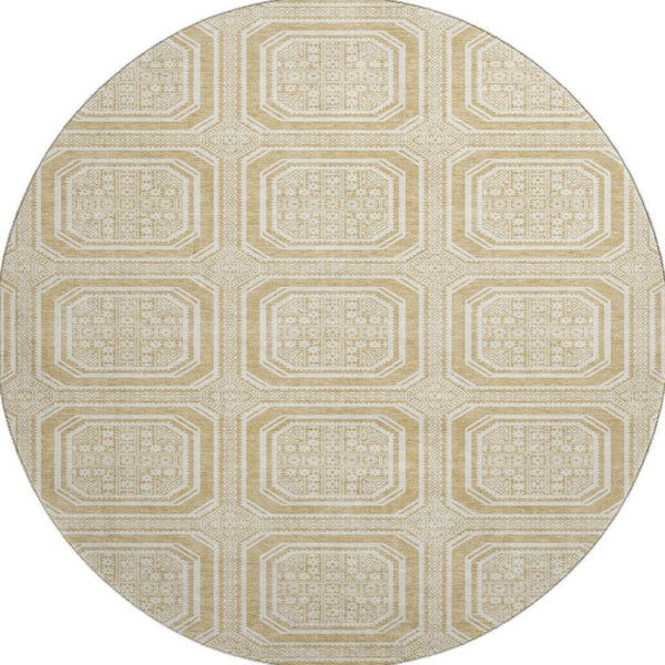 HomeRoots 8' X 8' Gold and Ivory Geometric Washable Round Rug - UV Protected, Durable, Easy-Care Design for Homes 693789