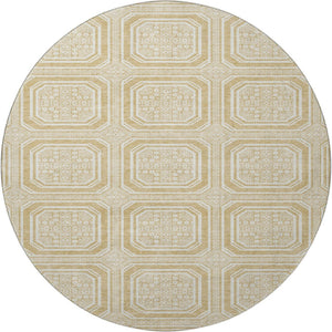 HomeRoots 8' X 8' Gold and Ivory Geometric Washable Round Rug - UV Protected, Durable, Easy-Care Design for Homes 693789
