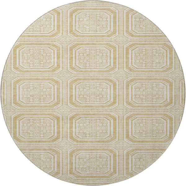 HomeRoots 8' X 8' Gold and Ivory Geometric Washable Round Rug - UV Protected, Durable, Easy-Care Design for Homes 693789