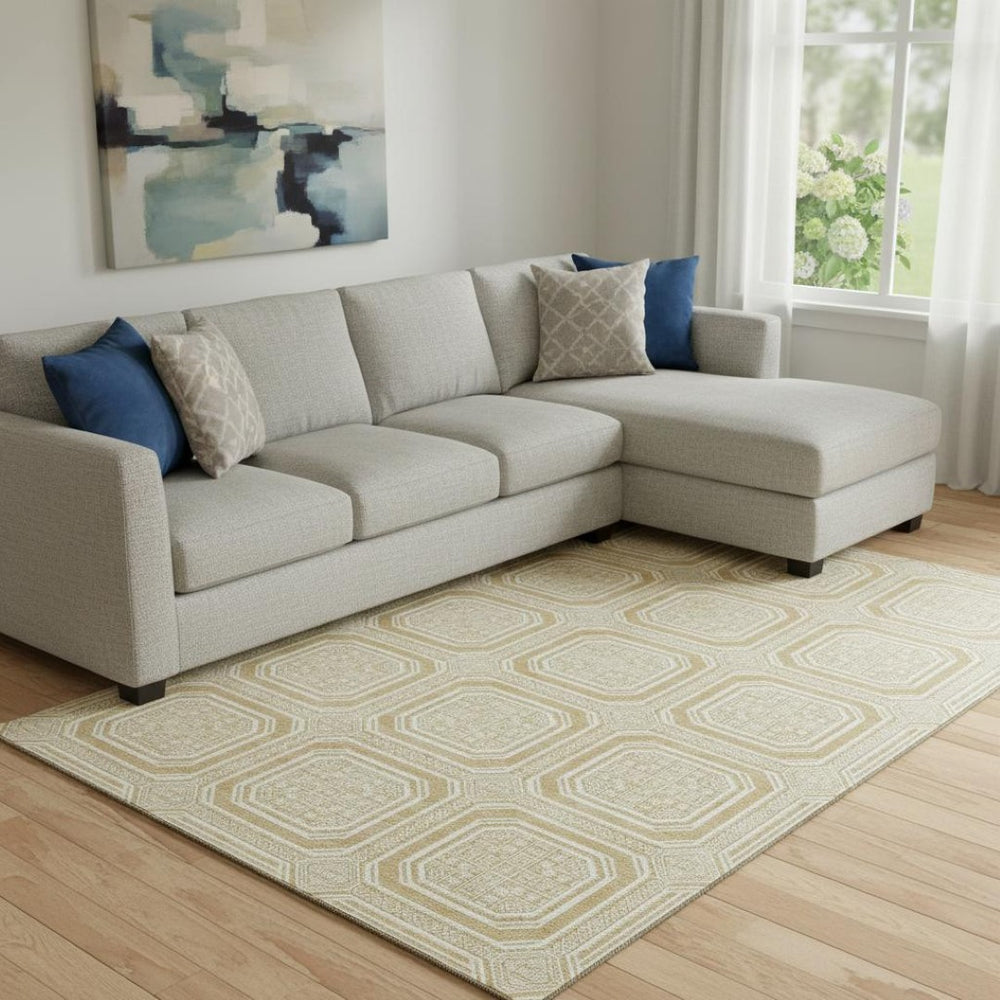 HomeRoots 8' Gold and Ivory Geometric Washable Area Rug – UV Protected, Stain-Resistant, Perfect for Busy Homes 693790