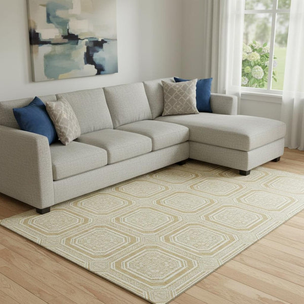 HomeRoots 8' Gold and Ivory Geometric Washable Area Rug – UV Protected, Stain-Resistant, Perfect for Busy Homes 693790